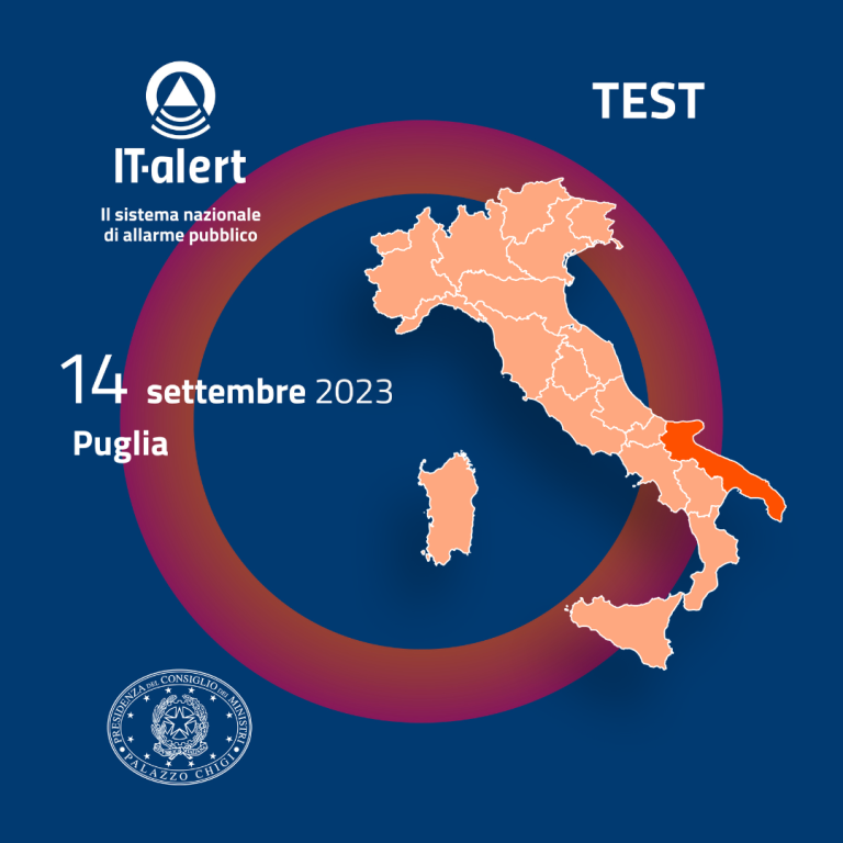 IT-ALERT, test in Puglia del nuovo sistema di allarme pubblico nazionale il 14 settembre 2023 alle ore 12